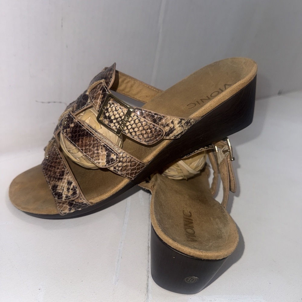 Vionic Radia 381 Snakeskin Leather Open Toe Wedge slide Sandals Shoes Women's 10